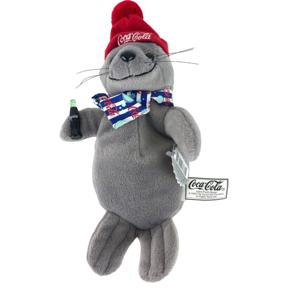 Coca-Cola 1999 Bean Bag Plush Seal in Striped Scarf & Knit Cap Coke - Picture 1 of 11